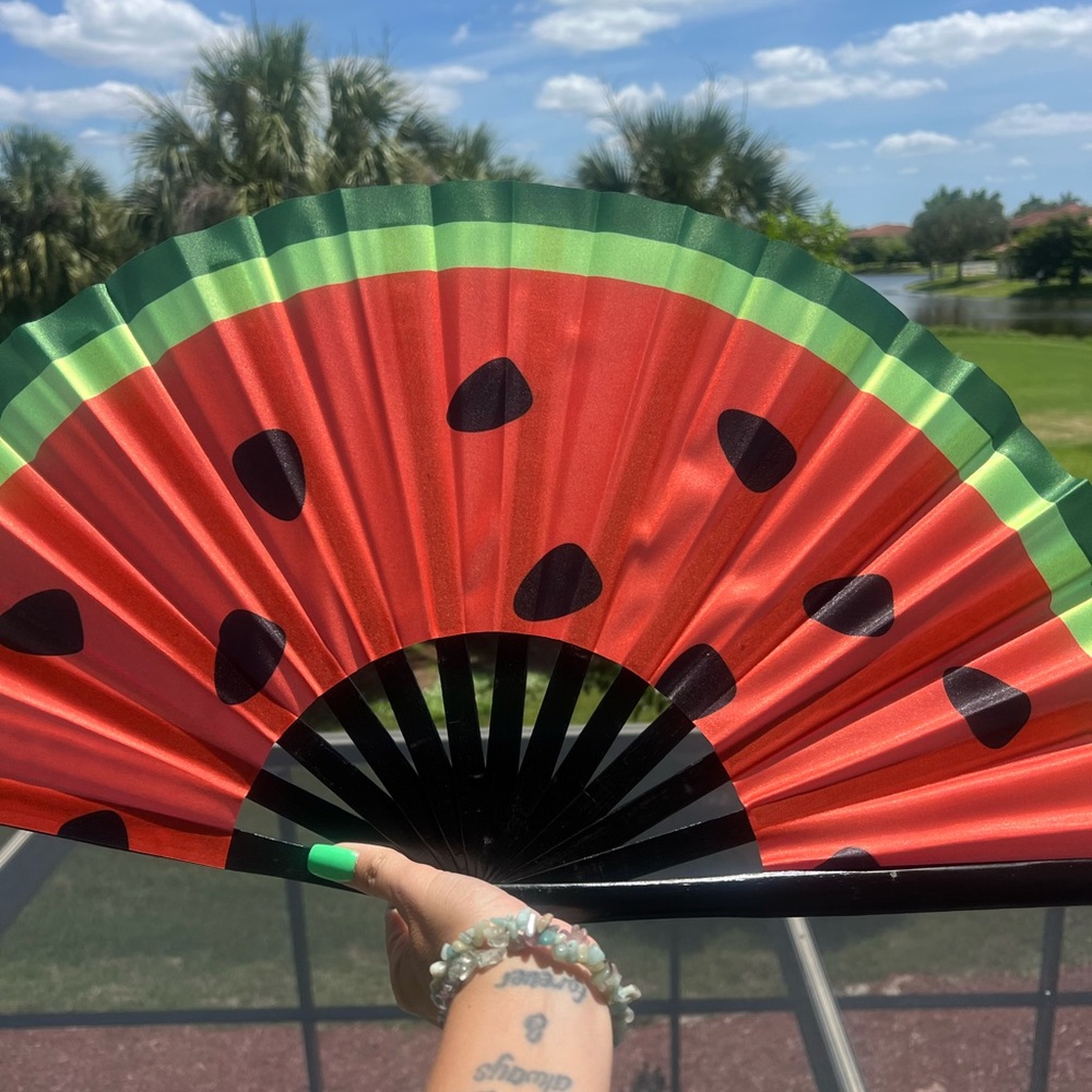 UV Fabric Watermelon Folding Bamboo Hand Fan Red Rave Clacking EDM Festival EDC